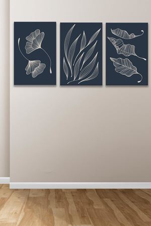Beyaz Çizim Yapraklar Üç Parça Takım Kanvas Duvar Tablo 5521205