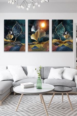 Lacivert Yaprakli Üç Parça Takım Kanvas Duvar Tablo 5521191