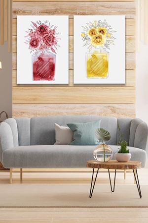 Sarı Kırmızı Gül Çizimi İki Parça Takım Kanvas Duvar Tablo 5521202