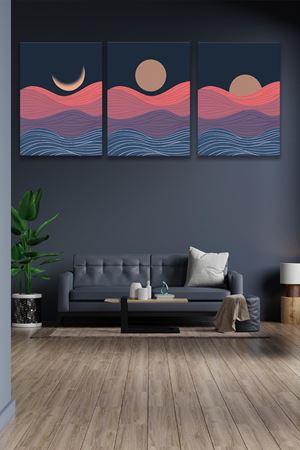 Mavi Pembe Deniz Çizimi Üç Parça Kanvas Duvar Tablo 5521212