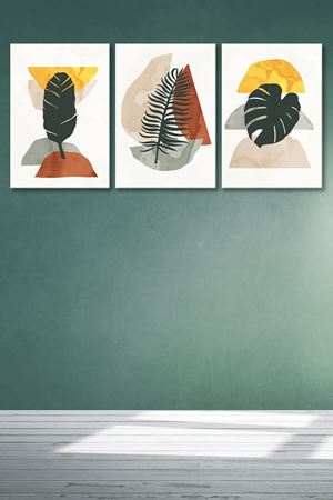 Yaprak Modelli Beyaz Üç Parça Takım Kanvas Duvar Tablo 5521225