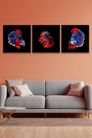 Lacivert Kırmızı Balık Üç Parça Takım Kanvas Duvar Tablo 5521219