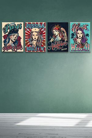 Kadın Desenli Dört Parça Takım Kanvas Duvar Tablo 5521228