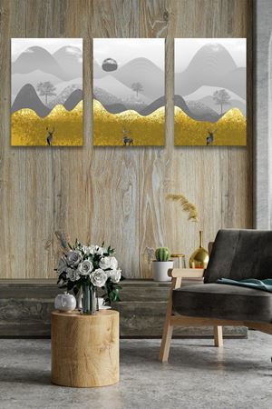 Gri Dağ Modelli Üç Parça Takım Kanvas Duvar Tablo 5521174