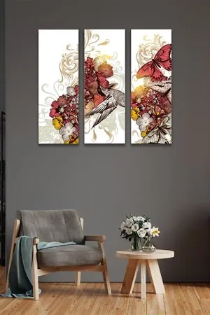 Kelebek ve Kuş Üç Parça Takım Kanvas Duvar Tablo 5521193
