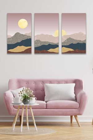 Renkli Dağ Çizimi Üç Parça Takım Kanvas Duvar Tablo 5521209