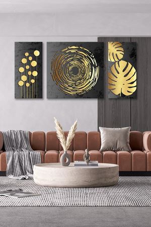 Sarı ve Gri Tonlu Üç Parça Takım Kanvas Tablo 5521187