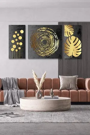 Sarı ve Gri Tonlu Üç Parça Takım Kanvas Tablo 5521187