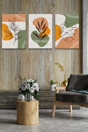 Yaprak Modelli Renkli Üç Parça Takım Kanvas Duvar Tablo 5521160