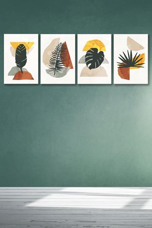 Yaprak Modelli Beyaz Dört Parça Takım Kanvas Duvar Tablo 5521154