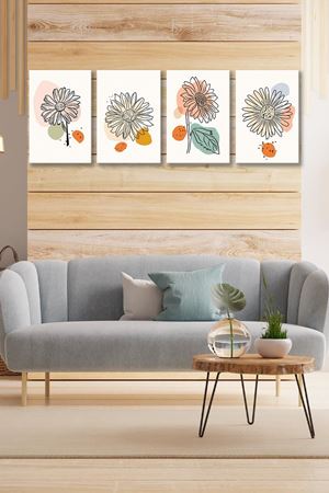 Papatya Modelli Dört Parça Takım Kanvas Duvar Tablo 5521226