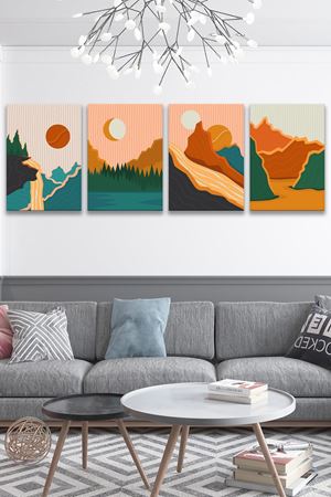 Renkli Manzara Modelli Dört Parça Takım Kanvas Duvar Tablo 5521192
