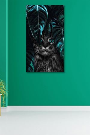 Yaprakların Arasındaki Kedi Çizimi  Kanvas Duvar Tablo 4452352