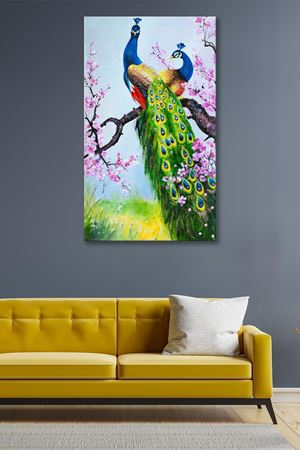Dalda Oturan İki Tavuskuşu Kanvas Duvar Tablo 4452229