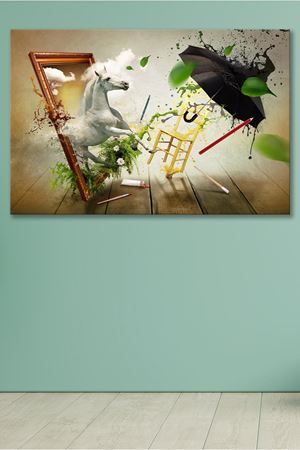 Çerçeveden Çıkan Beyaz At Çizimi Kanvas Duvar Tablo 4452234