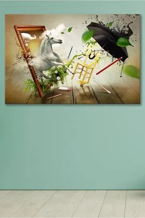 Çerçeveden Çıkan Beyaz At Çizimi Kanvas Duvar Tablo 4452234