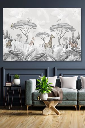 Beyaz Tonlu Zürafa Çizimi Kanvas Duvar Tablo 4452279