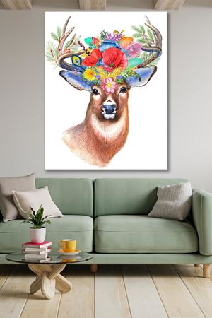 Çiçekli Geyik Çizimi Kanvas Duvar Tablo 4452354