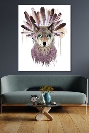 Kafasında Tüy Bulunan Kurt Çizimi  Kanvas Duvar Tablo 4452338