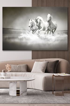 Gölde Koşan Üç Beyaz At  Kanvas Duvar Tablo 4452348