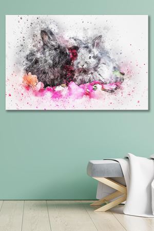 Siyah ve Beyaz Renkli İki Tavşan Çizimi Kanvas Duvar Tablo 4452458