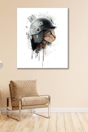 Polis Kaskı Takan Kedi Çizimi Kanvas Duvar Tablo 4452261