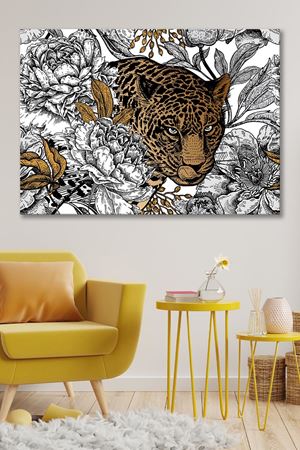 Güllerin Arasında Duran Leopar Çizimi  Kanvas Duvar Tablo 4452254
