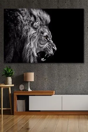 Siyah Beyaz Kükreyen Aslan Kanvas Duvar Tablo 4452157