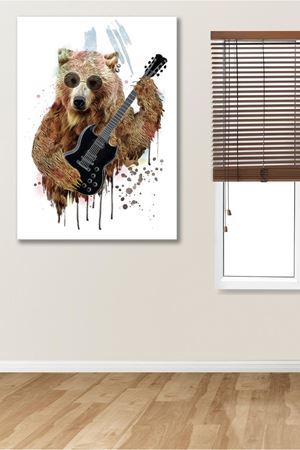 Gitarlı Ayı Çizimi Kanvas Duvar Tablo 4452343