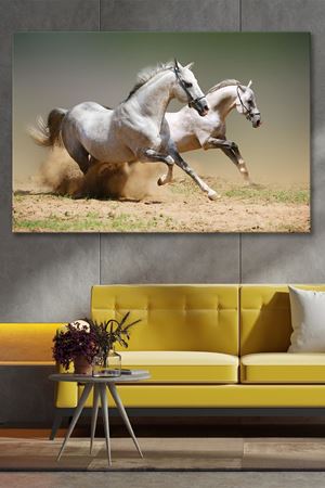 Toprakta Koşan Beyaz Atlar Kanvas Duvar Tablo 4452227