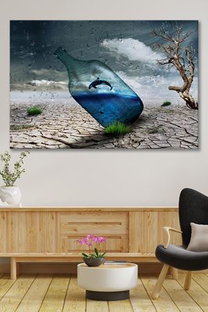 Şişenin İçinde Balina Çizimi Kanvas Duvar Tablo 4452435