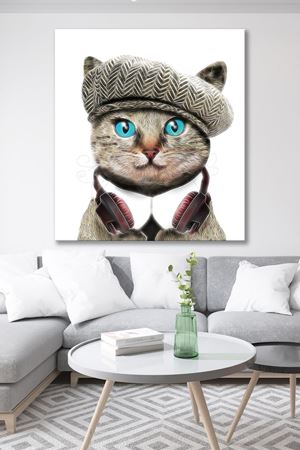 Şapkalı Kedi Çizimi Kanvas Duvar Tablo 4452296