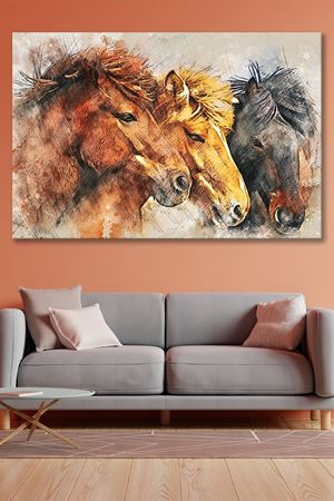 Yağlı boya Efektli Üç At Çizimi Kanvas Duvar Tablo 4452397