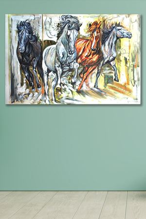 Yağlı Boya Efektli Koşan At Çizimi Kanvas Duvar Tablo 4452187