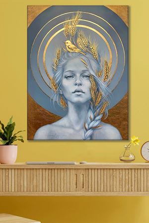 Saçında Buğday ve Kuş Olan Kız Kanvas Duvar Tablo 3322413