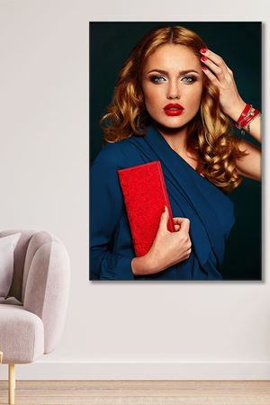Mavi Gözlü Kırmızı Çantalı Kadın Kanvas Duvar Tablo 3322723