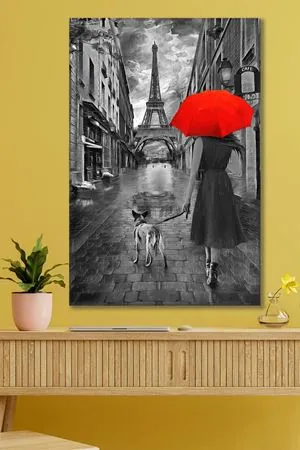 Paris'te Kırmızı Şemsiyeli Kadın Kanvas Duvar Tablo 3322350