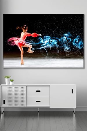 Mavi Işık Saçan Kırmızı Elbiseli Kız Kanvas Duvar Tablo 3322433