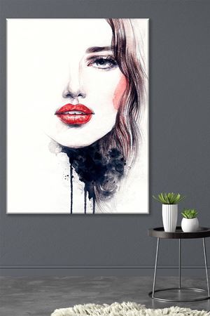 Kırmızı Dudaklı Güzel Kadın Kanvas Duvar Tablo 3322459