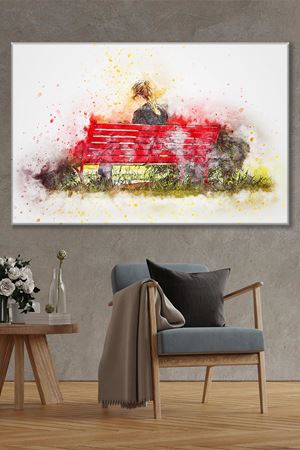 Kırmızı Bankta Oturan Kadın Duvar Kanvas Tablo 3322099