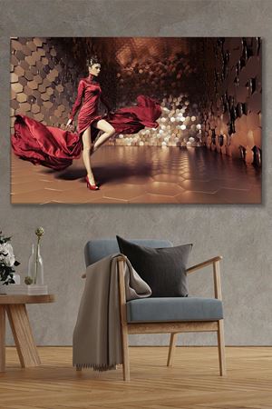 Kırmızı Gece Elbiseli Kadın Kanvas Duvar Tablo 3322587