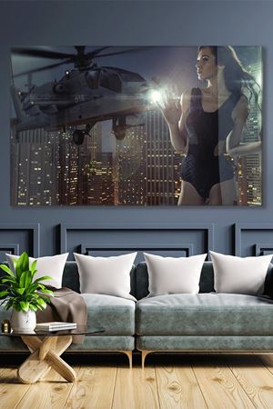 Helikopter Şehir ve Kadın Kanvas Duvar Tablo 3322280
