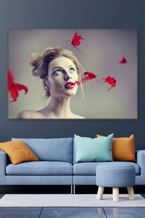 Dudağından Kırmızı Kelebekler Çıkan Kadın Kanvas Duvar Tablo 3322467