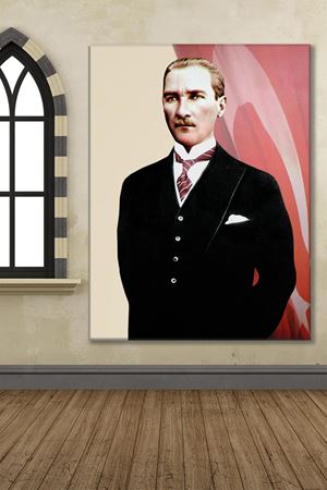 Arkasında Türkiye Bayrağı Dalgalanan Atatürk Portresi Kanvas Duvar Tablo 221567