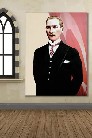 Arkasında Türkiye Bayrağı Dalgalanan Atatürk Portresi Kanvas Duvar Tablo 221567