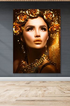 Altın Renkli Saçında Gül Olan Kadın Kanvas Duvar Tablo 3322812