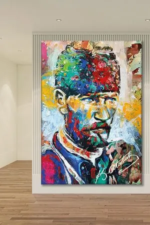 Mavi Gözlü Elinde Sigara Tutan Atatürk Yağlı Boya Efektli Kanvas Duvar Tablo 221466