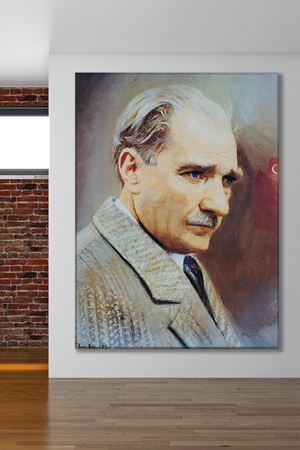 Mavi Gözlü Gri Takımlı Atatürk Yağlı Boya Efektli Kanvas Duvar Tablo 221553