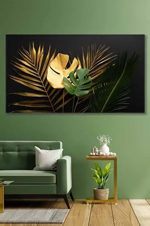 Altın Ve Yeşil Renkli Yapraklar Art Kanvas Tablo 2221877