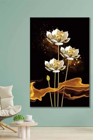 Altın Renkli ve Beyaz Çiçekler Art Kanvas Tablo 2221929